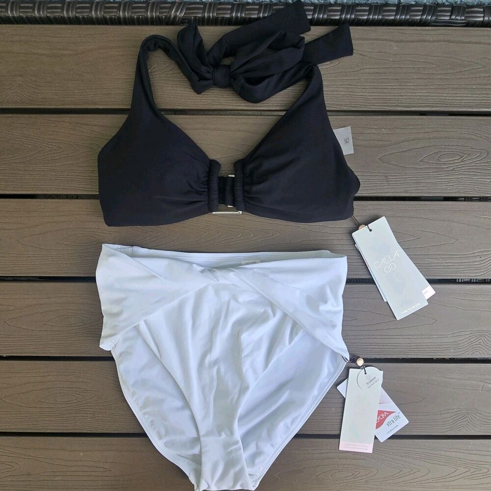 CALIA Women's Black U-bar Halter & White High Rise Twist Bikini Sz S New